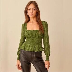 Reformation Hearth long sleeve green dot blouse
